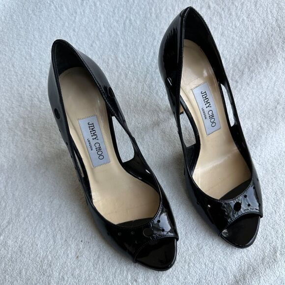Jimmy Choo London Black Women's 36.5 US 6.5 Patent Leather Dorsay Pumps Peep Toe - Picture 8 of 9